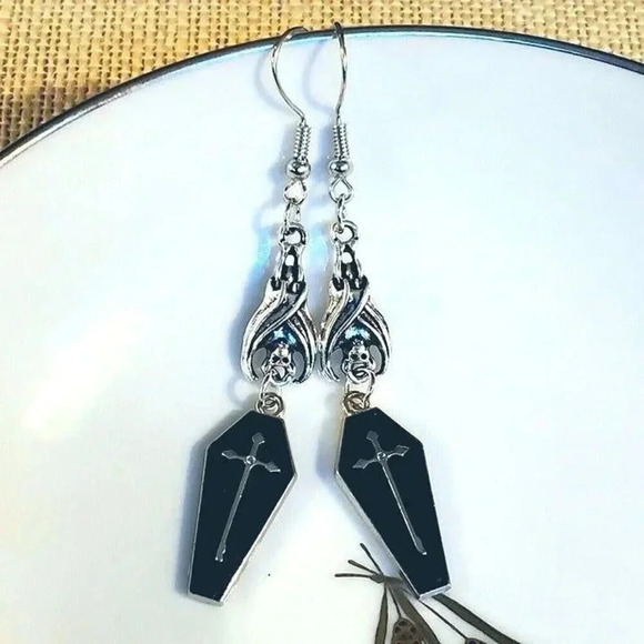 Goth Midnight Black Vampire Coffin Hanging Bat Silver Cross Enamel Earrings - Picture 1 of 8